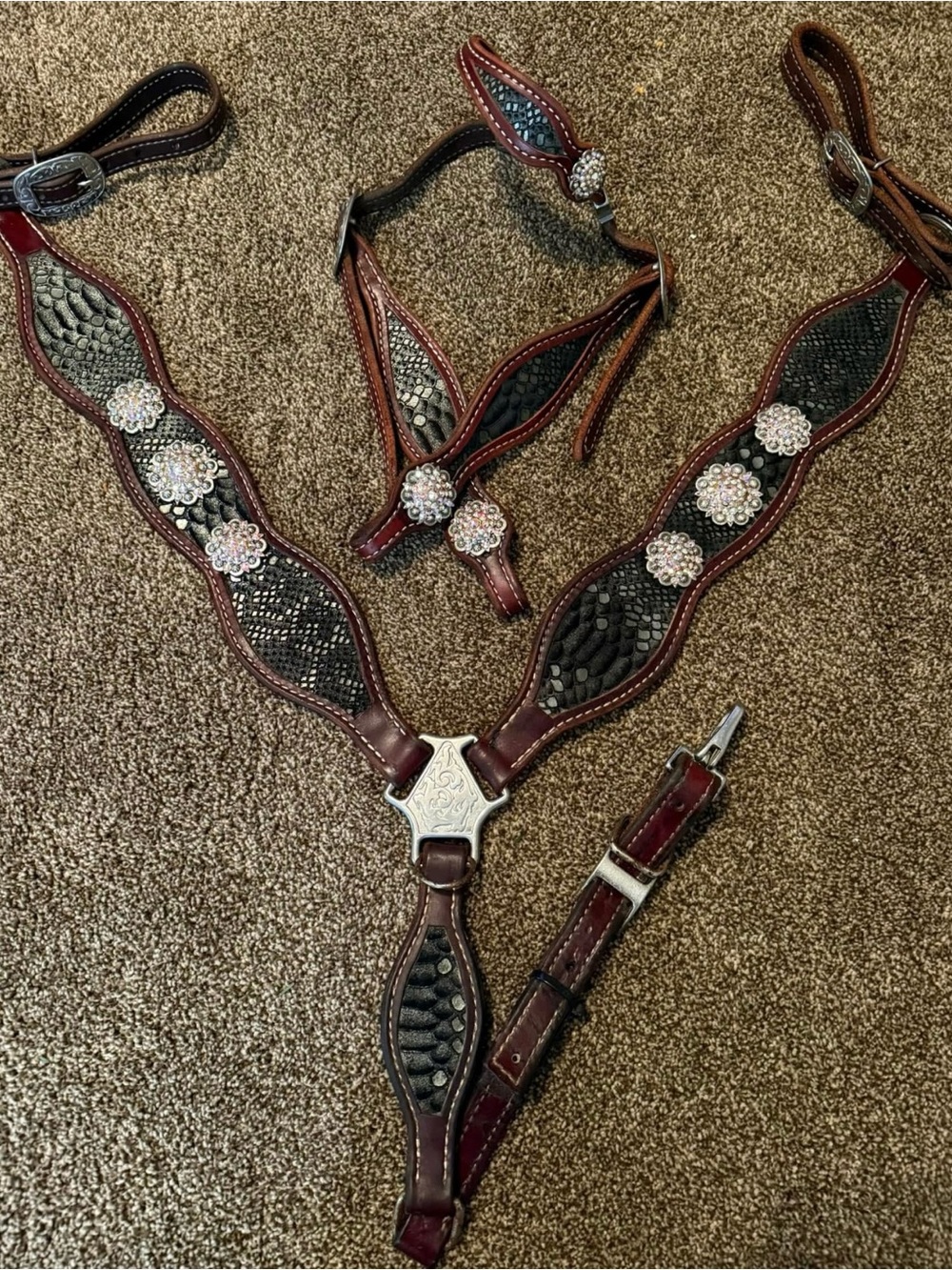 Western Breast Collar and Headstall Set - Black and Brown with Silver Conchos